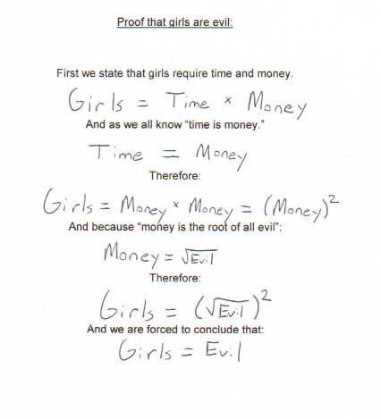 proof that girls are evil - Proof that girls are evil First we state that girls require time and money, Girls Time Money And as we all know "time is money." Time Money Therefore Girls Money & Money Money? And because "money is the root of all evil" Money 