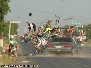 Picture of a car plowing into a bike race in Texas.  One biker killed.  Driver was drunk and passed out at the wheel