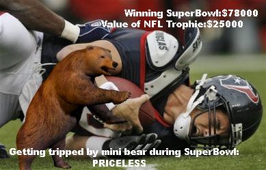 Winning the super bowl: 78,000.00
Value of super bowl trophie: 25,000.00
Getting tripped by mini bear: PRICELESS