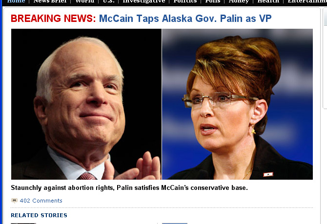 ABC News reported McCain taps his VP.