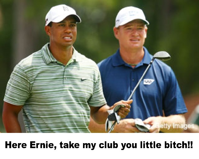 Tiger Woods owning Ernie Els on the golf course.
