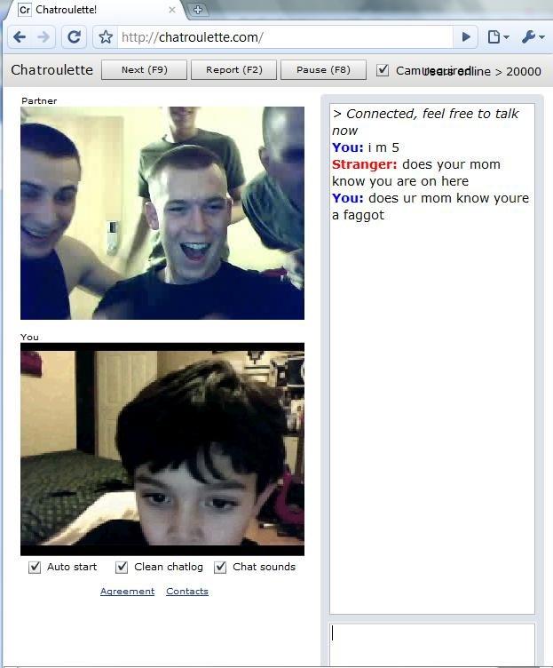 Little kid pwns some n00bz on chat roulette. 