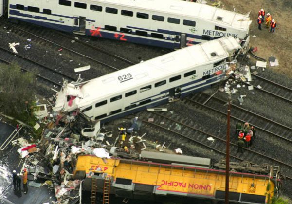 #  9. MetroLink Crash - $500  Million        On  September 12, 2008, in what was one of the worst train crashes in  California history, 25 people were killed when a Metrolink  commuter train crashed head-on into a Union Pacific freight train  in Los Angeles . It is thought that the Metrolink train may have  run through a red signal while the conductor was busy text  messaging.. Wrongful death lawsuits are expected to cause $500  million in losses for Metrolink.