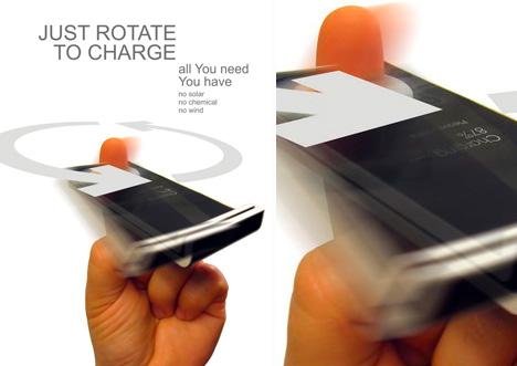 A new cell phone that charges with Kinetic Energy. Simply spin it around your finger. 