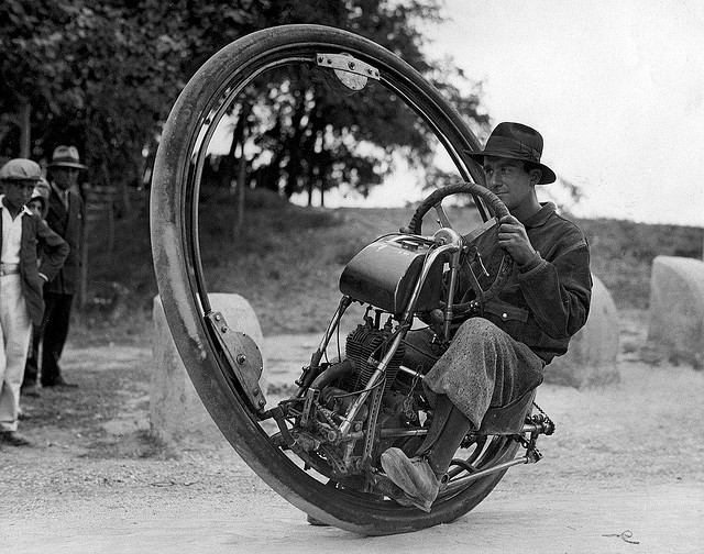 This one-wheeled motorcycle was invented in Germany in 1925. It's inventor was looking for a way to make motorcycles more difficult to ride and more dangerous. Despite it's improvements on the original, the one-wheeled motorcycle never took off. We guess the world just wasn't ready.