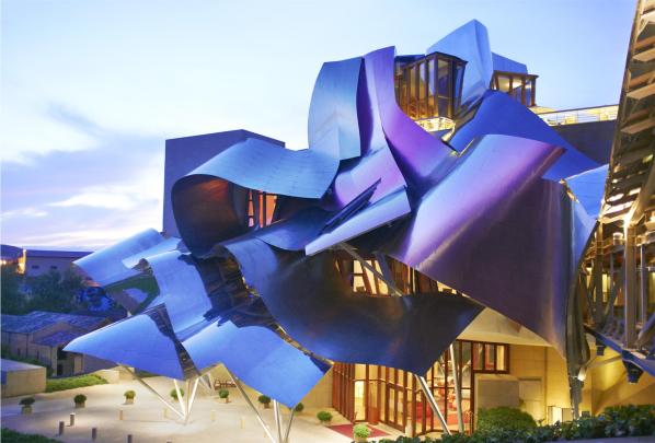 Hotel Marques de Riscal - The Hotel de Marques de Riscal, in Elciego, Spain, was designed by world-renowned architect Frank O. Gehry and provides a striking contrast to the medieval village it is situated in.