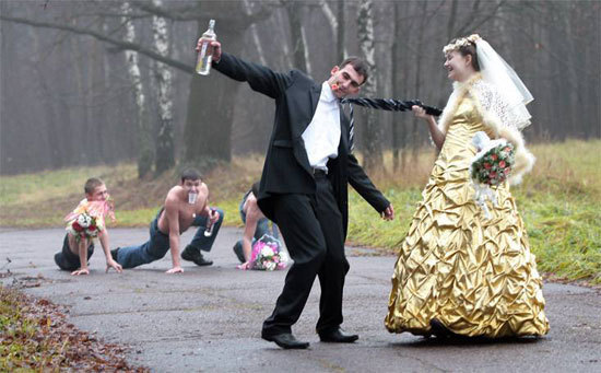 She's got a Disney princess dress, he's got a bottle of vodka. Their friends are dressed as Team Jacob -- is this a DisneyTwilight mash-up wedding?
