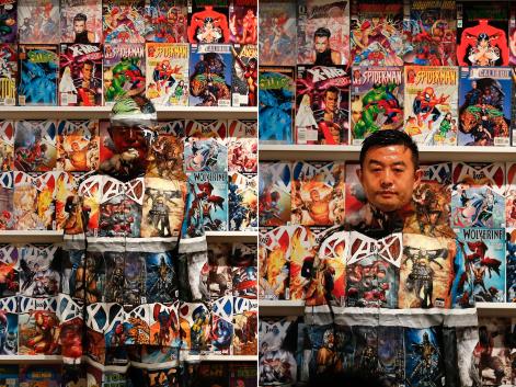 "Vanishing artist" Liu Bolin pulls off his latest stunt: disappearing into a rack of comic books.