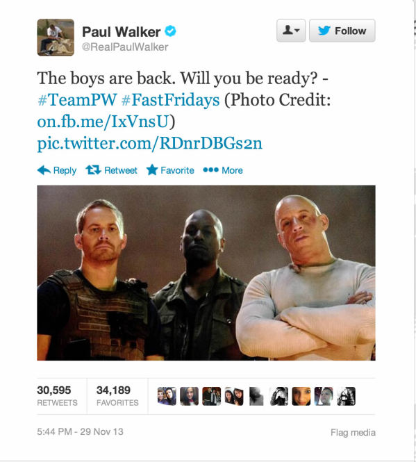 His Last Tweet - Paul Walker tweeted this out just the day before he died. RIP Paul Walker