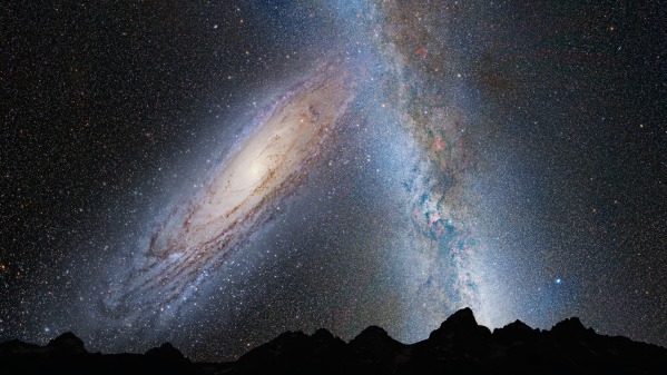 The Milky Way is on a collision course - Astronomers predict that in four billion years, the Milky Way will have collided with Andromeda, its neighboring galaxy. It will look a little something like this...