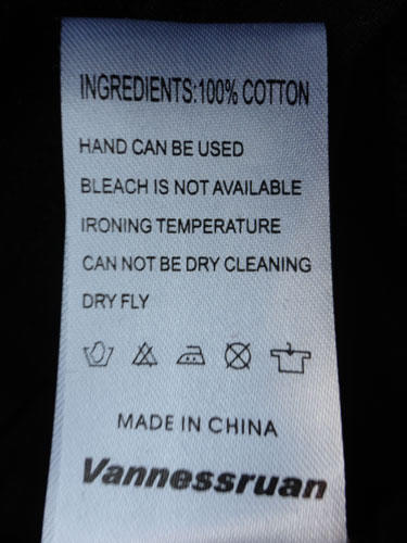 clothes dry tag - Ingredients100% Cotton Hand Can Be Used Bleach Is Not Available Ironing Temperature Can Not Be Dry Cleaning Dry Fly O A a Made In China Vannessruan