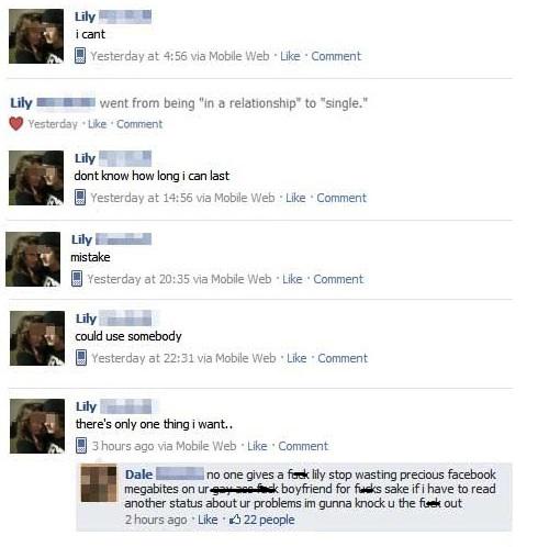 funny facebook breakups - Lily i cant Yesterday at via Mobile Web Comment Lily went from being in a relationship" to "single." Yesterday Comment Lily dont know how long i can last Yesterday at via Mobile Web. Comment Lily mistake Yesterday at via Mobile W