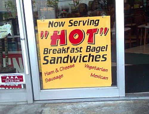 poster - Now Serving Who" Breakfast Bagel Sandwiches & Vegetarian Ham & Cheese Sausage Mexican