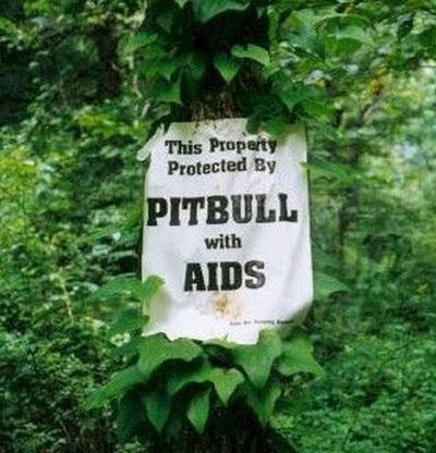 weird signs - This Property Protected By Pitbull with Aids