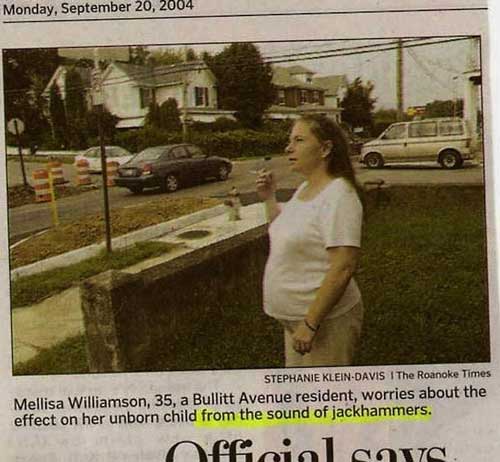 pregnant woman smoking worried about noise - Monday, Stephanie KleinDavis I The Roanoke Times Mellisa Williamson, 35, a Bullitt Avenue resident, worries about the effect on her unborn child from the sound of jackhammers. Otoial CoC.