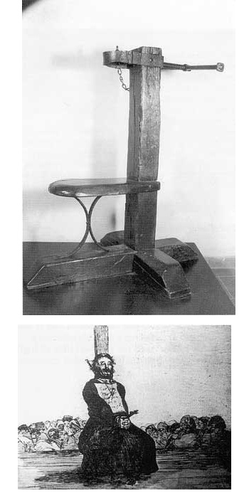 The Garrottee: Used in Spain until 1975. Collar tightens asphysiating the victim. Iron in back crushed the spinal cord.