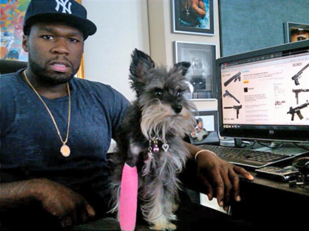 50 cent. From the hood to the suburbs with the dog to prove it.