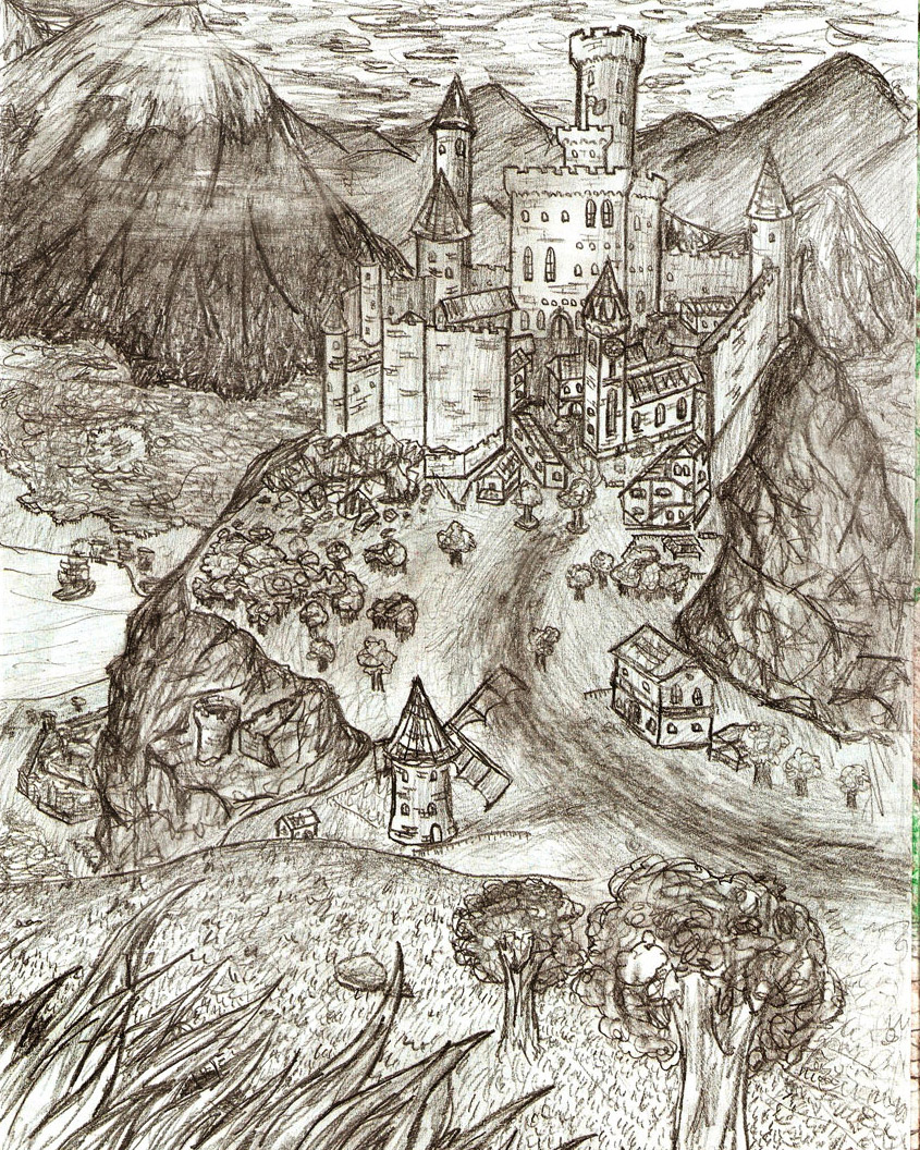 Very detailed drawing of a castle and other things. 