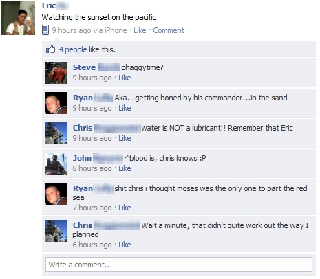 Friends make fun of one another when a Navy officer updates his status.