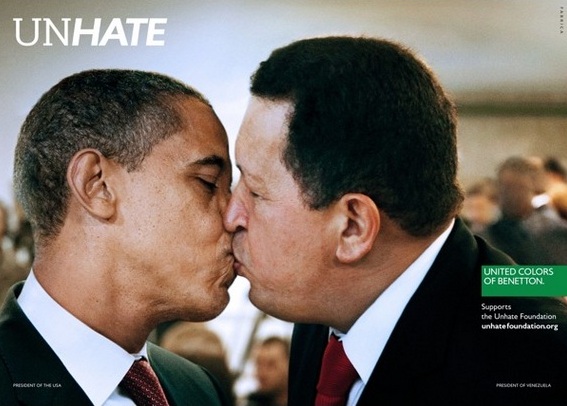 One of Benetton's controversial kissing ads that features President Obama kissing Venezuelan President Hugo Chavez.