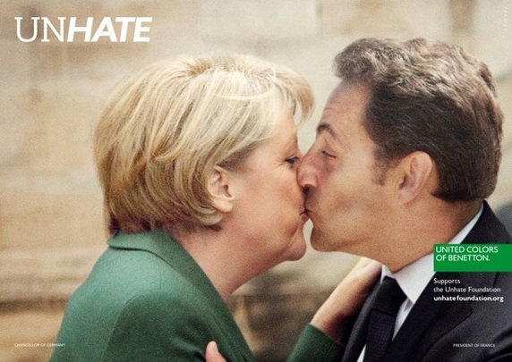 One of Benetton's ads featuring German Chancellor Angela Merkel kissing French President Nicolas Sarkozy.