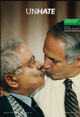 One of Benetton's kissing ads. Palestinian President Mahmoud Abbas kissing Israeli Prime Minister Benjamin Netanyahu.