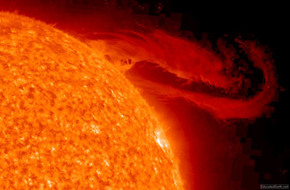 Prominence Eruption On The Sun (The material observed is actually ionized Helium at about 60,000 degrees.)