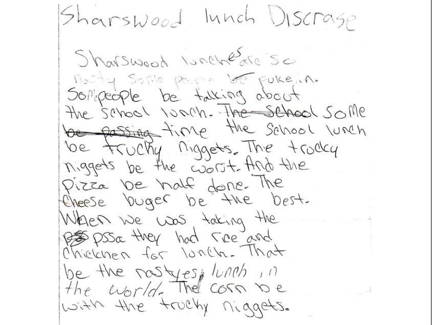 by a SIXTH grader attending a inner city school in Philadelphia. Seems the education system is worse then the lunches. Oh and "trucky" niggets" are turkey nuggets.