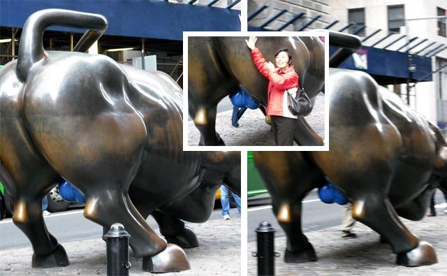 Someone painted the Wall Street bull's balls blue