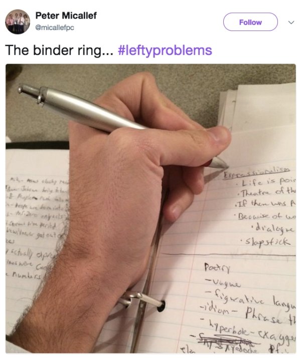 a funny meme about the struggles of being a left handed person