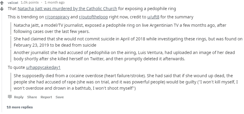 document - valicat points . 1 month ago That Natacha Jiatt was murdered by the Catholic Church for exposing a pedophile ring This is trending on rconspiracy and routoftheloop right now, credit to uuft8 for the summary Natacha Jaitt, a modelTv journalist, 