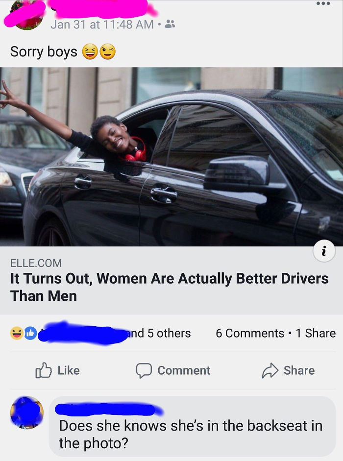 women are better drivers funny - Jan 31 at Sorry boys Elle.Com It Turns Out, Women Are Actually Better Drivers Than Men and 5 others 6 1 a Comment Does she knows she's in the backseat in the photo?