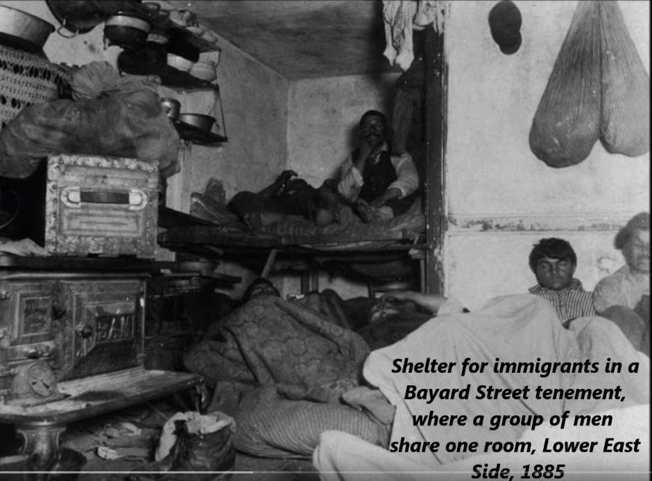 problems of the industrial revolution - Shelter for immigrants in a Bayard Street tenement, where a group of men one room, Lower East Side, 1885
