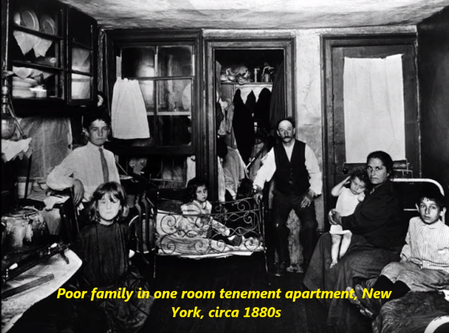 progressive era muckrakers - Poor family in one room tenement apartment, New York, circa 1880