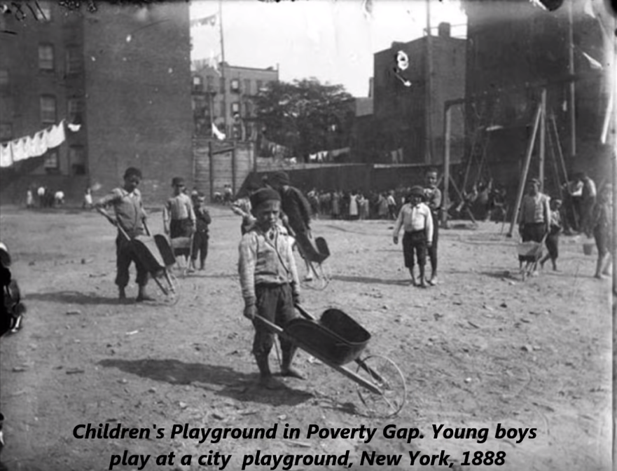 jacob riis new york - Children's Playground in Poverty Gap. Young boys play at a city playground, New York, 1888