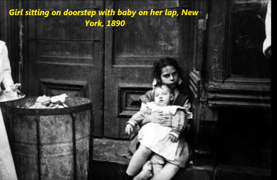 1890 new york - Girl sitting on doorstep with baby on her lap, New York, 1890