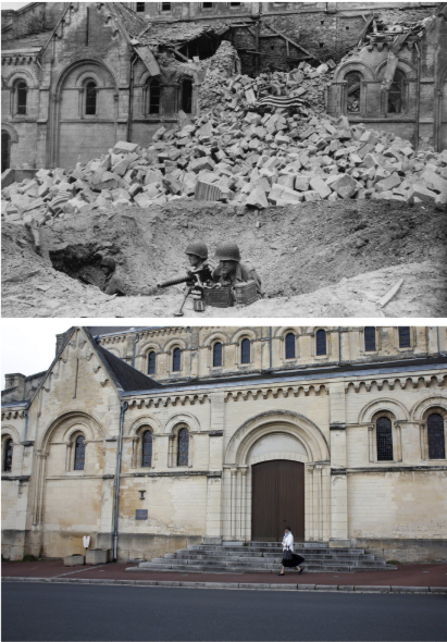 St. Lo, France, July 23, 1944, top, and below, a view of the same location on May 8, 2019