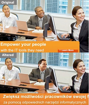 A photo on the Seattle-based company's U.S. Web site shows two men, one Asian and one black, and a white woman seated at a conference room table. But on the Web site of Microsoft's Polish business unit, the black man's head has been replaced with that of a white man. The color of his hand remains unchanged.