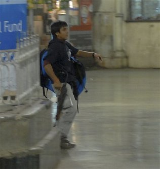 this is a picture of terrorist gunman Mohammad Ajmal Qasam, at the train depot in Mumbai, this picture was taken by a survivor of the attacks.