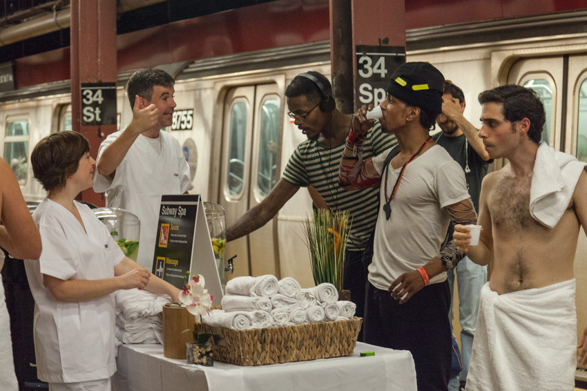 Some intrepid travelers actually did join in, getting hot stone massages and sipping infusing water as the N, Q and R trains whizzed by every few minutes.