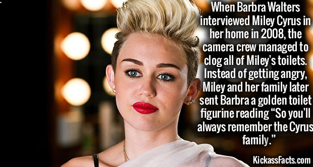 miley cyrus styled to rock - When Barbra Walters interviewed Miley Cyrus in her home in 2008, the camera crew managed to clog all of Miley's toilets. Instead of getting angry, Miley and her family later sent Barbra a golden toilet figurine reading So you'