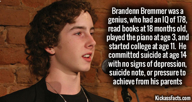 Brandenn Bremmer was a genius, who had an Iq of 178, read books at 18 months old, played the piano at age 3, and started college at age 11. He committed suicide at age 14 with no signs of depression, suicide note, or pressure to achieve from his parents…
