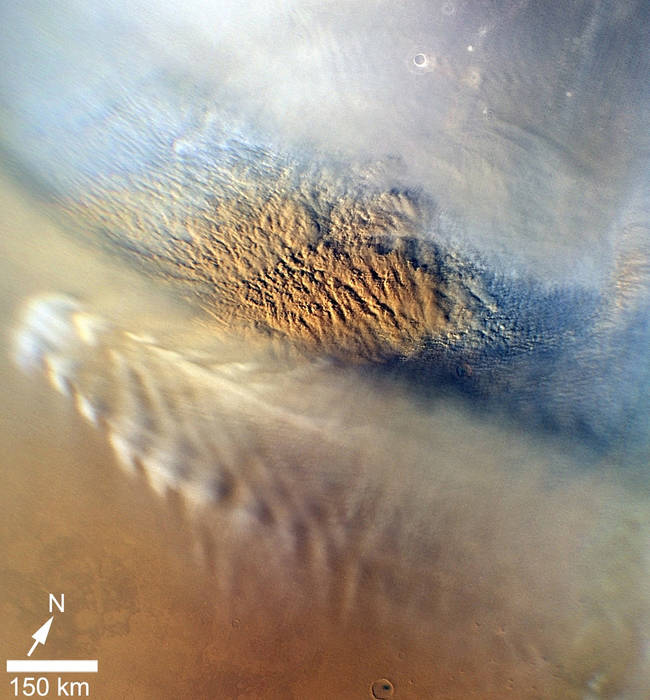 This close-up image of a dust storm on Mars was acquired by the Mars Color Imager instrument on NASA's Mars Reconnaissance Orbiter on Nov. 7, 2007, around 3 p.m. local time on Mars. Scientists working with NASA's Curiosity rover, which is set to land on Mars on Aug. 5 PDT Aug. 6 EDT, are monitoring Mars each day for similar small storms that could either drift over the landing site or stir up dust that moves as haze over the site.