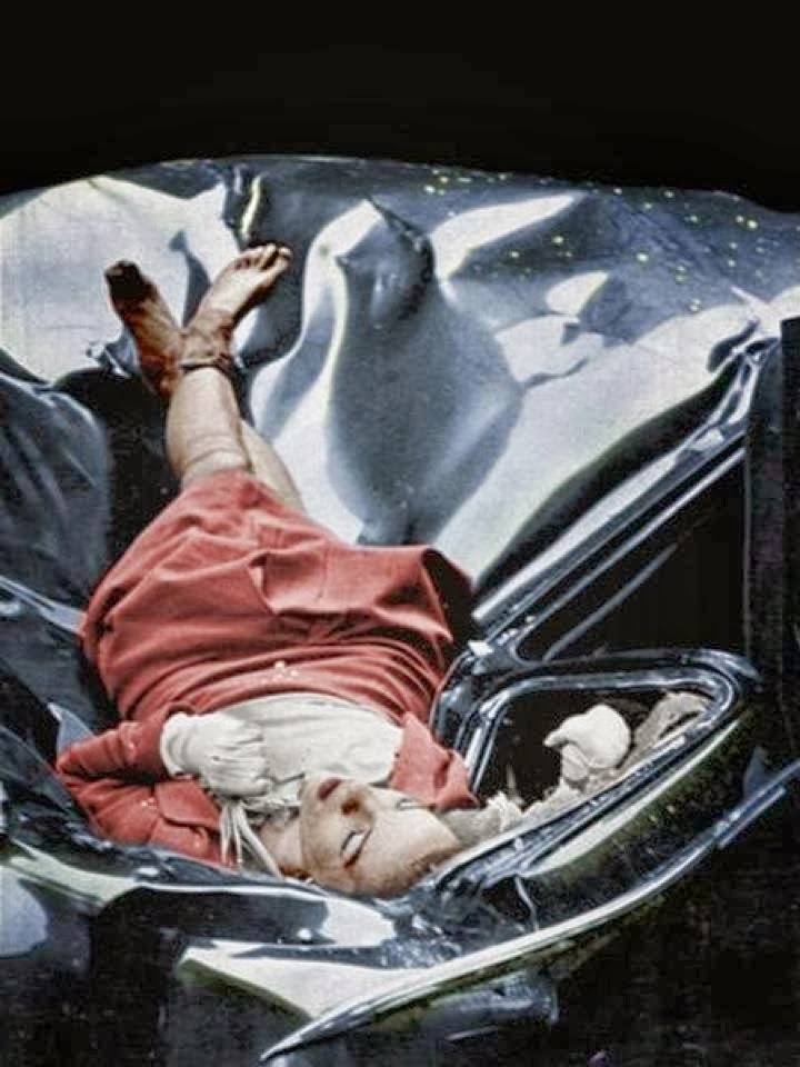 Evelyn McHale leapt to her death from the Empire State Building, 1947. Her landing position appeared disarmingly placid and composed, as if asleep. Colorized Picture