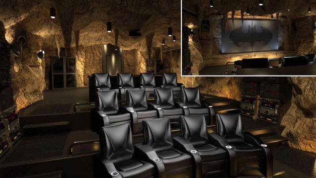 This impressive batcave home theater was created by Elite Home Theater Seating.