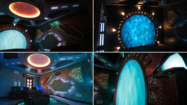 The Stargate: Atlantis Home Theater has two Sony megachangers that accommodate 800 DVDs, THX speakers, a ten foot diagonal circuit screen, and a motion sensor that opens the custom air pocket doors. If only Stargate were still a thing.