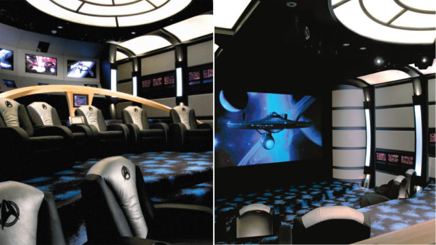 The Evergreen Ultimate Theater is another Star Trek-themed media room. The client wanted to combine tasteful and highly detailed Enterprise architectureincluding motorized sliding doors and intelligent concert-type lightingwith speakers that can blow the roof off.