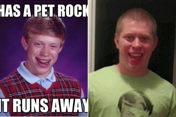 Brain was in high school when a friend thought his junior class picture was funny, so he turned it into a meme. Now he's older and has a Facebook page where he shares pictures of "bad things" happening to him, as well as in his YouTube videos.