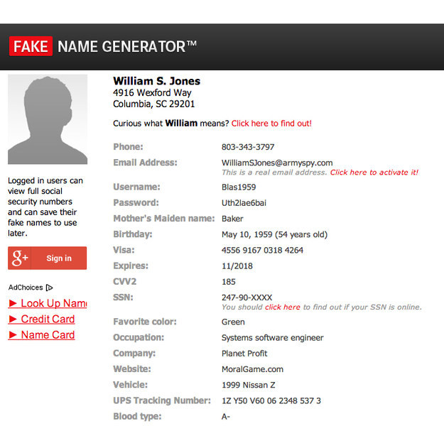 www.fakenamegenerator.comJust in case you want to sign up for something without it being on your actual name