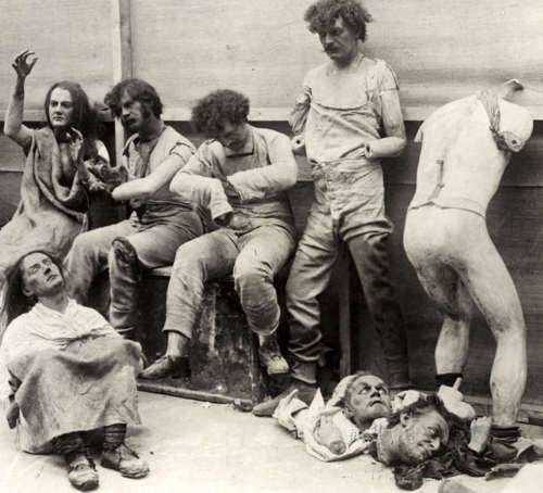 Melted and damaged mannequins after a fire at Madam Tussaud's Wax Museum in London , 1930